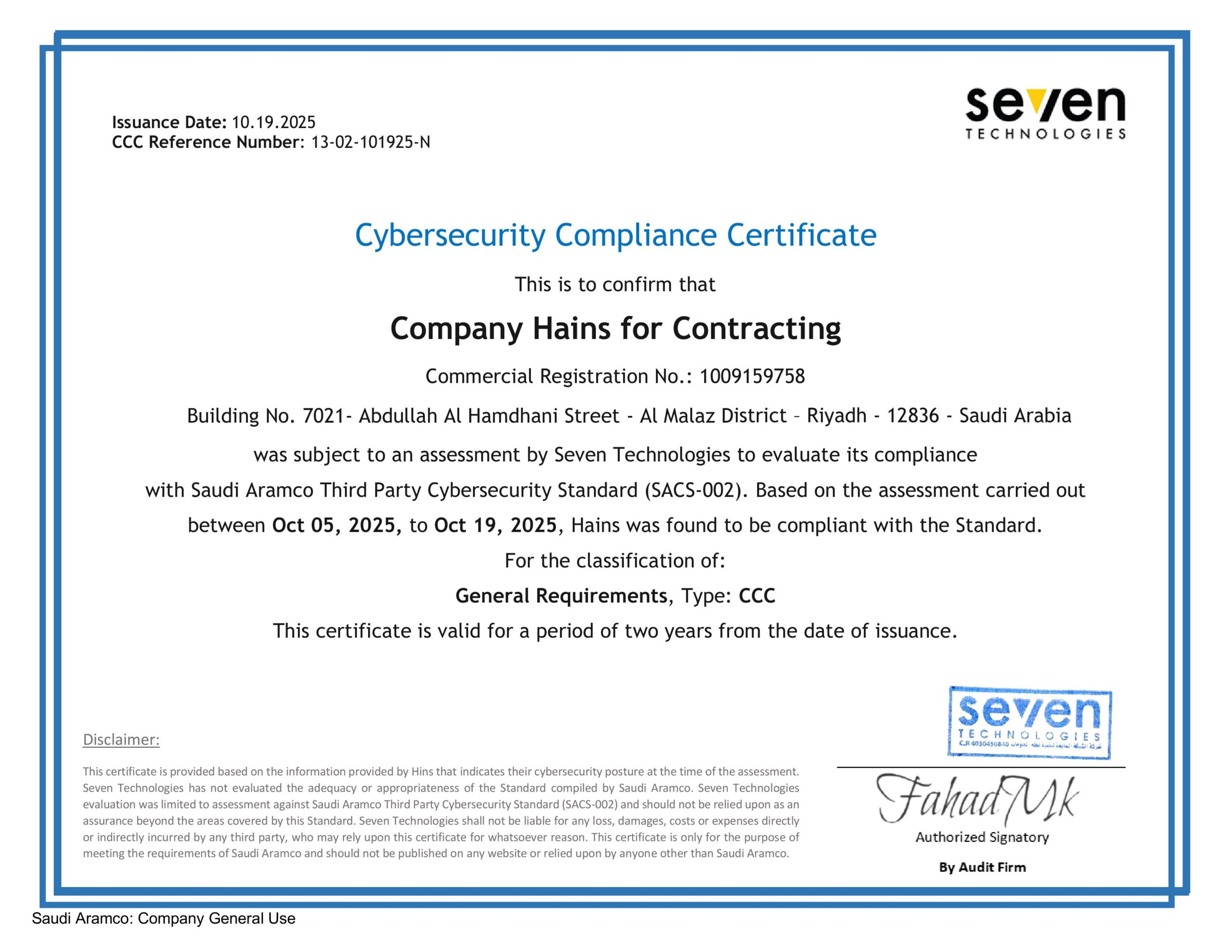 Company Hains for Contracting - 13-02-101925-N